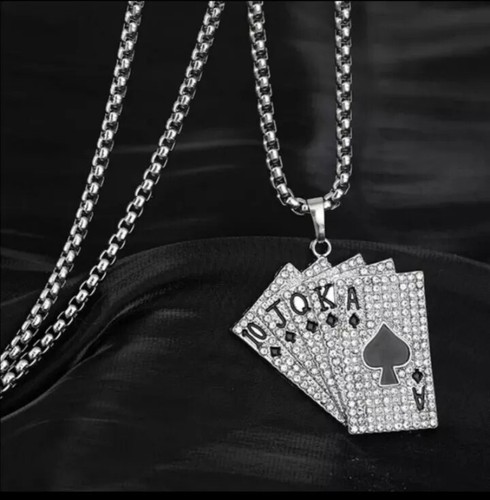 MEN'S ICED OUT BLING PLAYING CARDS RHINSTONE PENDANT NECKLACE POKER CHARM GIFT - Picture 2 of 6