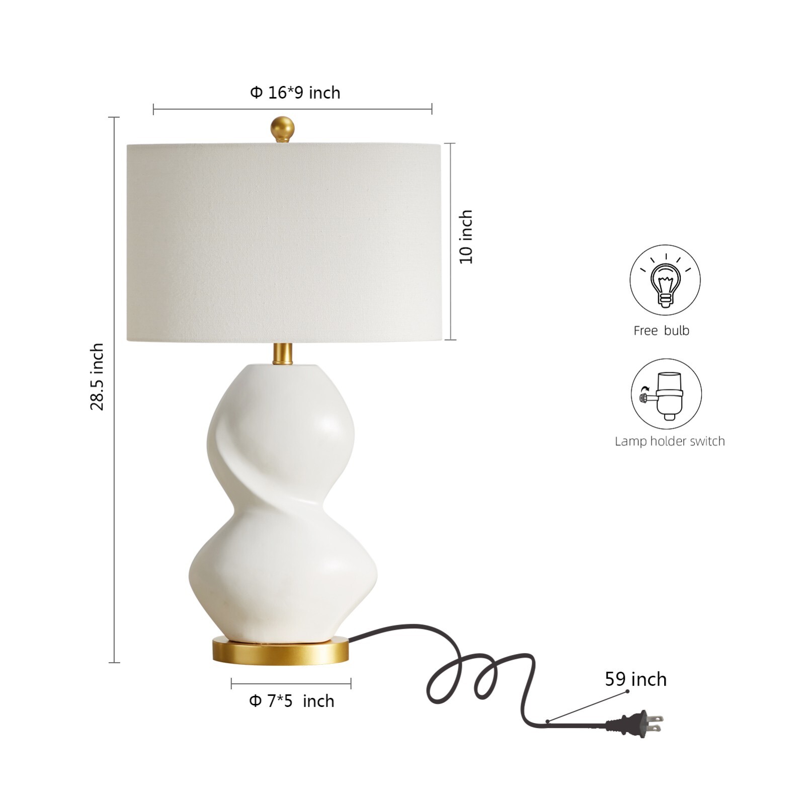 28.5" White Ceramic Gourd Table Lamp | Golden Base | Modern Home Decor