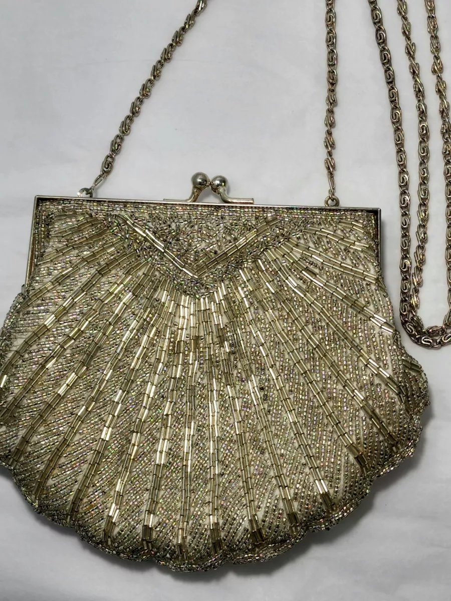 Vintage Small Black Silver Gold Beaded Pouch Bag La Regale 