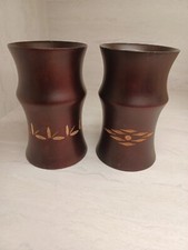Pair 2 Wooden Hand Carved Folk Mug Cup Vase Mahogany Color Lightweight