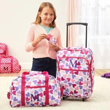 3 Pc HEARTS Kids Luggage Monogram Letter Rolling Suitcase & Duffel Bag & Clutch