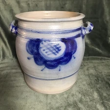 Big Stoneware Salt Glazed Crock Cobalt Blue Grey Decorative 10” Vintage