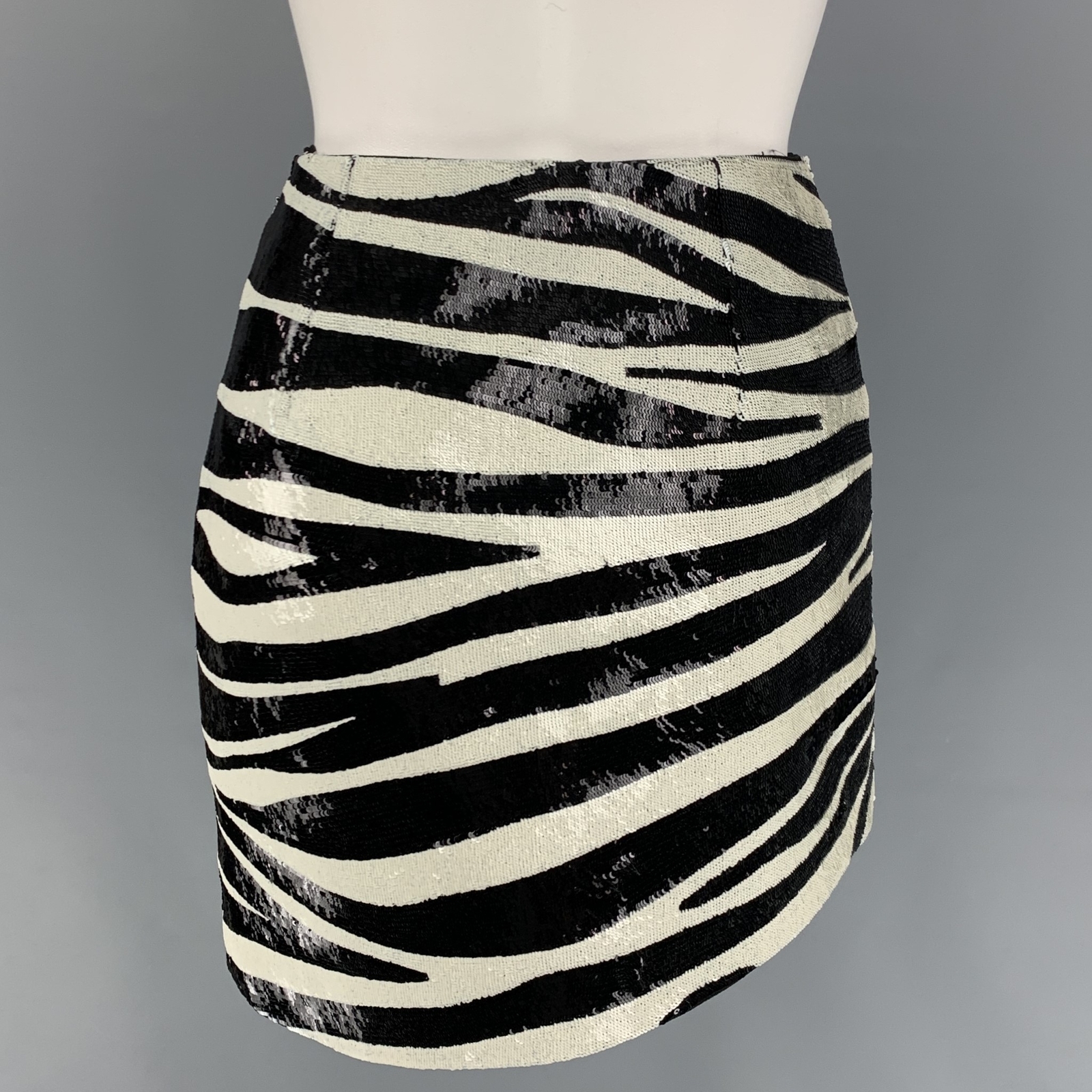 SAINT LAURENT Size 2 Black Cream Zebra Print Acetate Viscose Sequined Mini Skirt