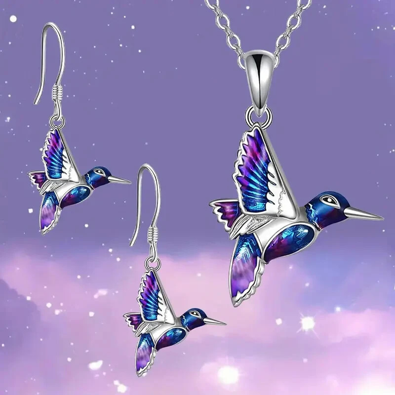 3pcs Hummingbird Jewelry Set Fashion Blue Purple Bird Necklace