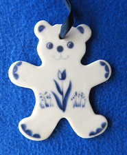 Vintage Russ Farmhouse Accents Ornament Blue  White Ceramic Teddy Bear