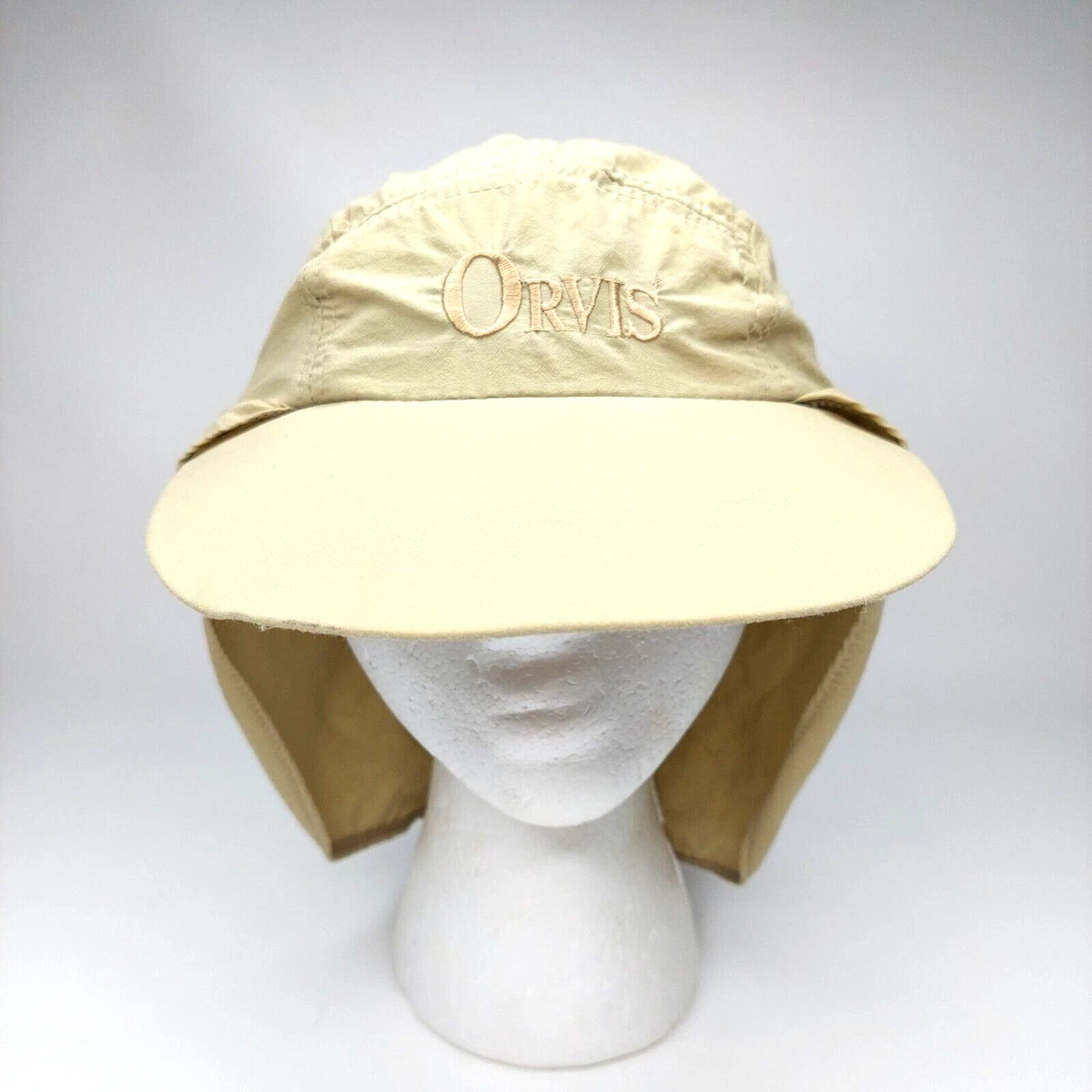 Vtg Orvis Fly Fishing Cap Long Bill 5 Panel Hat Khaki Sun Shade Spell Out  USA