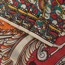 Sanskriti Vintage Red-Blue Pure Cotton Saree Handmade Kalamkari Sari 6.5 Ydcraft