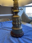 Vintage Ornate Brass and Metal Table Lamp, White Shade w/Brass Torch Finial — photo 6