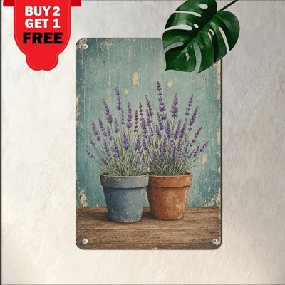 Two Rustic Metal Pots Lavender Still Life Garden Floral Illustration Metal Sign