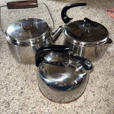 Vintage Farberware Stainless Steel Tea Kettle Wood Mid Century Revere Ware Lot