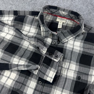 St Johns Bay Mens 2X Flannel Shirt Black Gray Plaid Long Sleeve Button Up Cotton