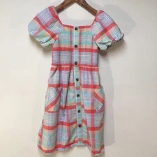 Wonder Nation Girl L 10/12 Dress Multicolor Plaid Smock Fit & Flare Knee Button