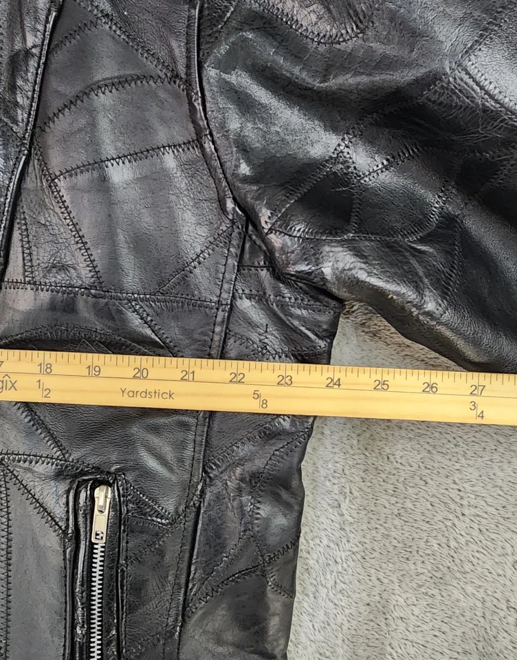 Diamond Plate Buffalo Leather Jacket Mens XL Black Patchwork Biker Motorcycle - Image 4 of 4