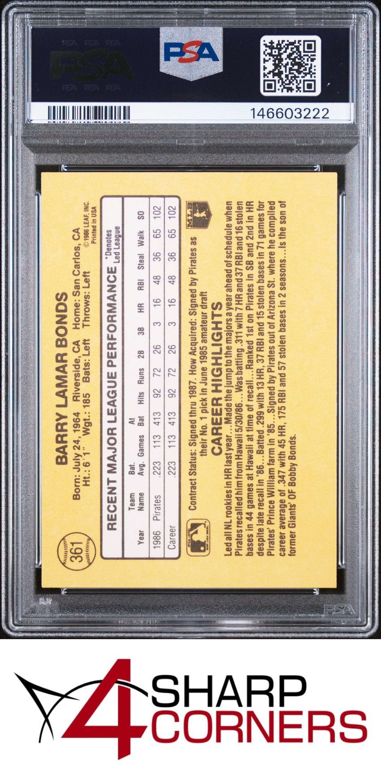 1987 DONRUSS #361 BARRY BONDS RC PIRATES PSA 10 view 2