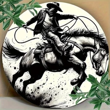 7.8x7.8 Inch Antique Round Metal Wall Art Sign - Western Cowboy Foil Carving wit
