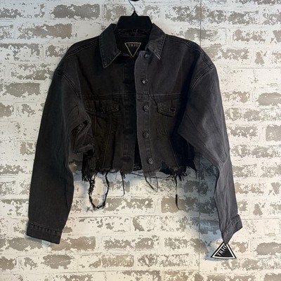 NEW - Trio Urban Distressed Cutoff Black Denim Jacket - Size S/M