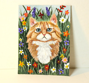 ACEO Cat in Flower Field Original Acrylic Painting Floral Cat Art Miniature