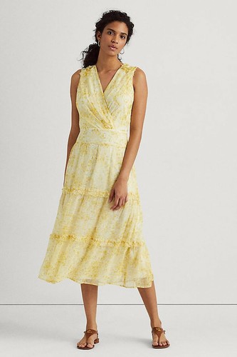 LAUREN RALPH LAUREN Floral Yellow u0026 Cream Sleeveless Midi Dress UK16 US12  RP£220 | eBay