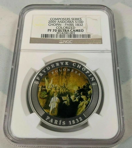 2009 Andorra Proof Silver S10D Chopin- 1832 Paris Colorized NGC PF70 Ultra Cameo