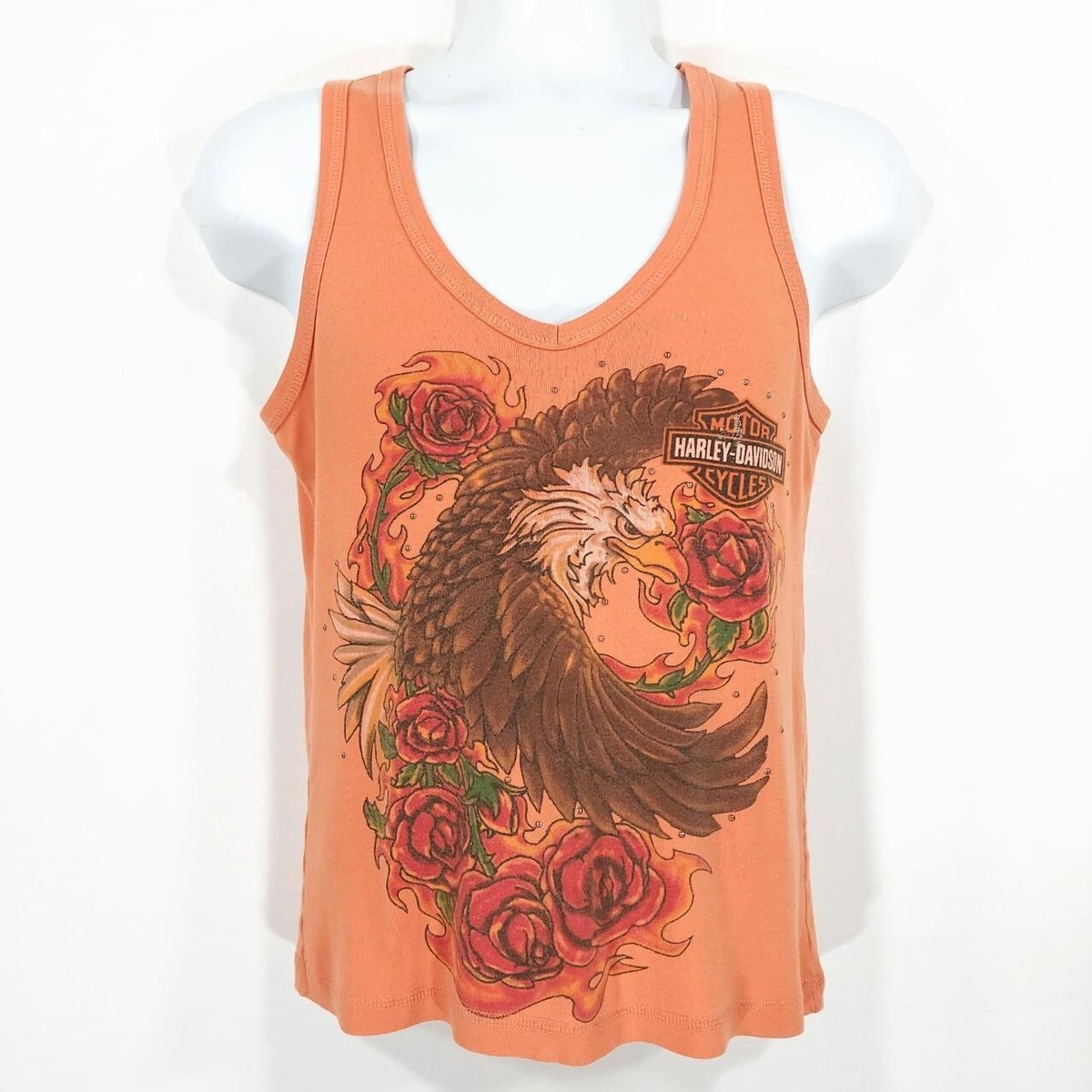 y2k❤️ Harley Davidson ラメ イーグルロゴ アシメタンクトップ Vtg Y2k Harley Davidson Women's Bedazzled Orange Tank Top Eagle