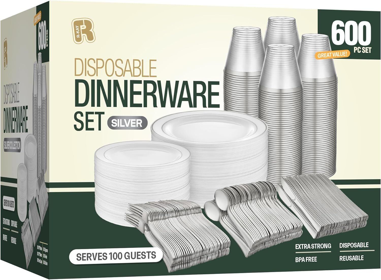 600pcs Silver Plastic Dinnerware Set 100 Guest, 100 Guest Set,