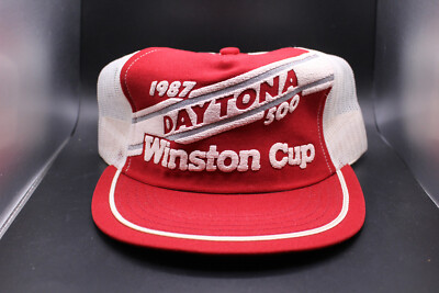Vintage NASCAR Flat Billed Trucker Hat 1987 Daytona 500 Winston Cup White Red