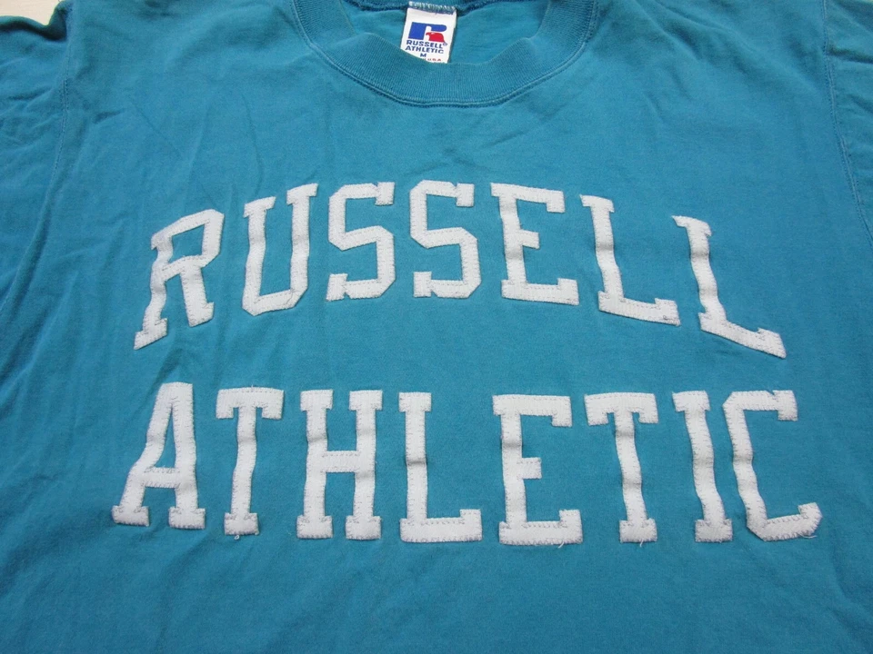Vintage RUSSELL ATHLETIC Aqua Blue Spell Out Logo T-Shirt (M) Combed Cotton 90s - Image 4 of 4