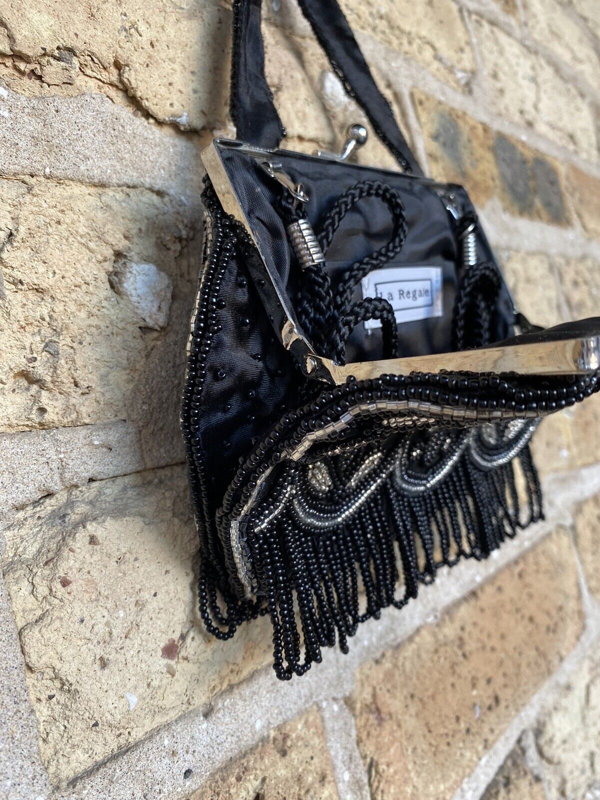 Art Deco Beaded Handbag Purse Black La Regale Fla… - image 4
