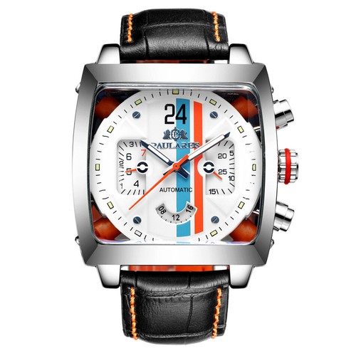 Men's Watch Square Sports Leather Band Waterproof Mechanical Automatic Self-Wind - Picture 1 of 24