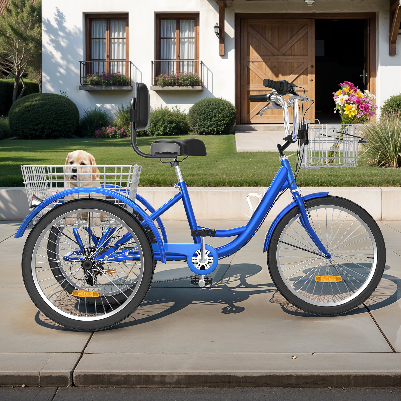 24" 3 Wheels Bike Trike Tricycle 7 Speeds for Adult w/ Removable Basket Blue