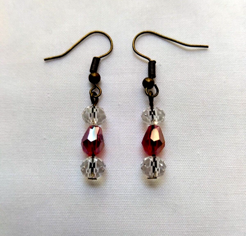 Red Teardrop AB Glass Clear Faceted Crystal Beaded Earrings Handmade Bronze Tone