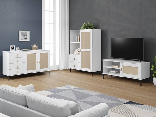 Sideboard Kommode Wohnzimmerschrank CINOY II Massivholz Kiefer weiß weiss Rattan - Bild 9 von 10