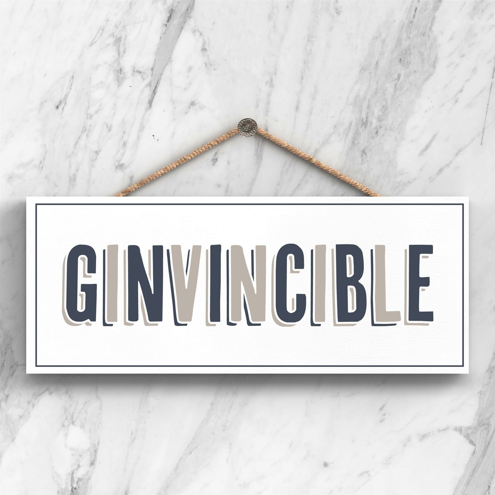 GINVINCIBLE MODERN GREY TYPOGRAPHY HOME HUMOUR WOODEN HANGING PLAQUE
