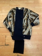VTG 80  s JOANIE CHAR wool Blend Sweater Navy Blue Brown White W/ Scarf Sz M P19