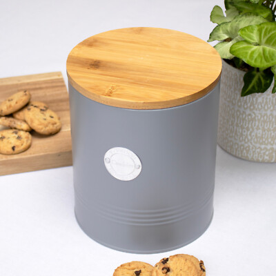 Retro Grey Cookie Tin Round Metal Airtight Kitchen Storage Biscuit Jar  Canister UK
