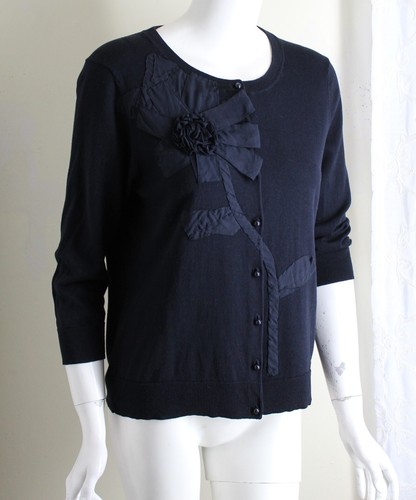 Talbots Sz XLP P XL Dark Navy Floral Rosette Silk Knit Fine Cardigan Sweater - Picture 3 of 9