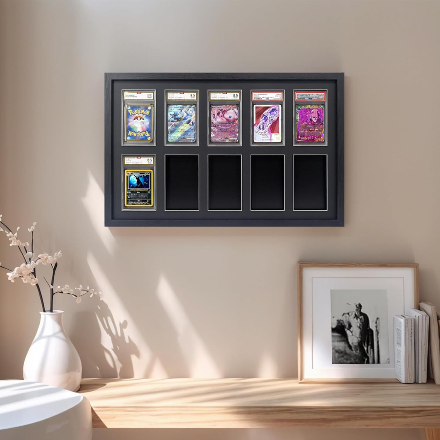 Graded Trading Card Display Case 10 PSA Slabs Sport Football Baseball Wood Frame view 5