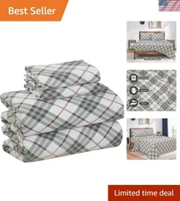 4 Piece King Size 100% Cotton Flannel Sheets - Red Check, All Seasons Comfort