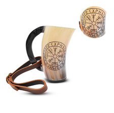5.5" Medieval Warrior Horn Viking Tankard Drinking Mug w/Leather Strap