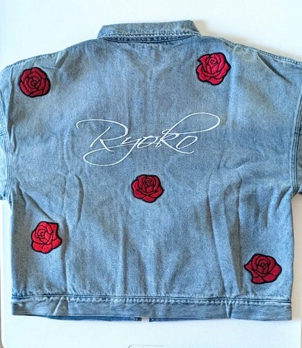 Ryoko Rain Reversible Rose Denim Work Jacket Faded Blue Embroidered Unisex XL image 3