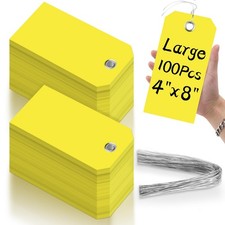 100 Pieces 4x8 inch Large Yellow Plastic Tags with Wires Heavy Duty Waterproo...