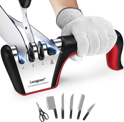 Longzon 4-in-1 Knife Sharpener [4 Stage] with a Pair of Black+Red 