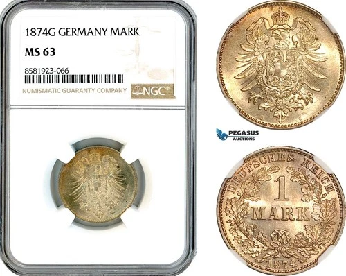AL084, Germany, Wilhelm I, 1 Mark 1874 G, Karlsruhe Mint, Silver, NGC MS63