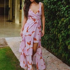 HUTCH Tiered Maxi Wrap Dress Chiffon Sleeveless Wedding Resort Party Pink L