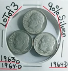 Roosevelt Dimes 90% Silver Lot of 3 VG Condition 1963-D1964-D1964-D Look @&Judge