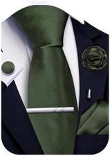 Solid Color Ties for Men Silk Satin Necktie and Pocket Square Olive Green