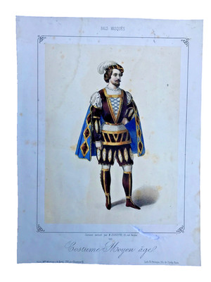 Antiques Costume Moyen agel - Bals Masques - Litho Hand Colored c. 1890's
