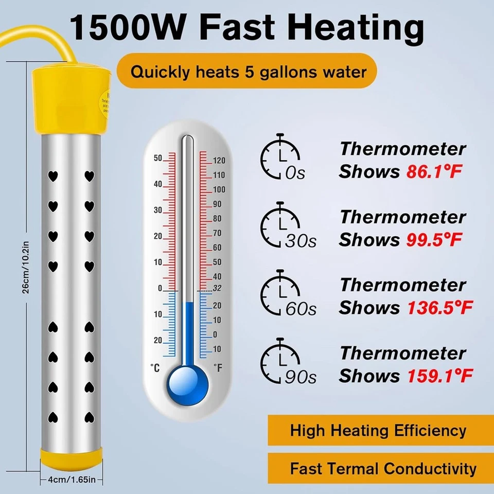 Calentador de Agua Eléctrico de Inmersión 1500W Calentador Sumergible con Termómetro Digital Foto 2 de 4