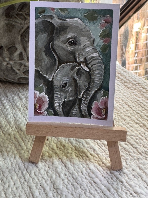 ACEO Original Acrylic Painting Elephant Mother Baby Wild Art Card OOAK Free Ship