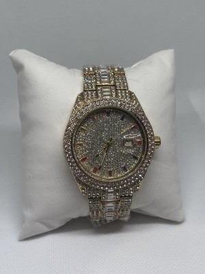 Mens Iced Out Gold Tone Crystal Watch Rainbow Markers New In Box